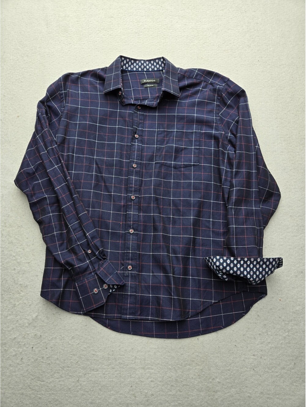 Bugatchi Men's Button-Up Large Blue/White Plaid 100% Cotton Long Sleeve Work
